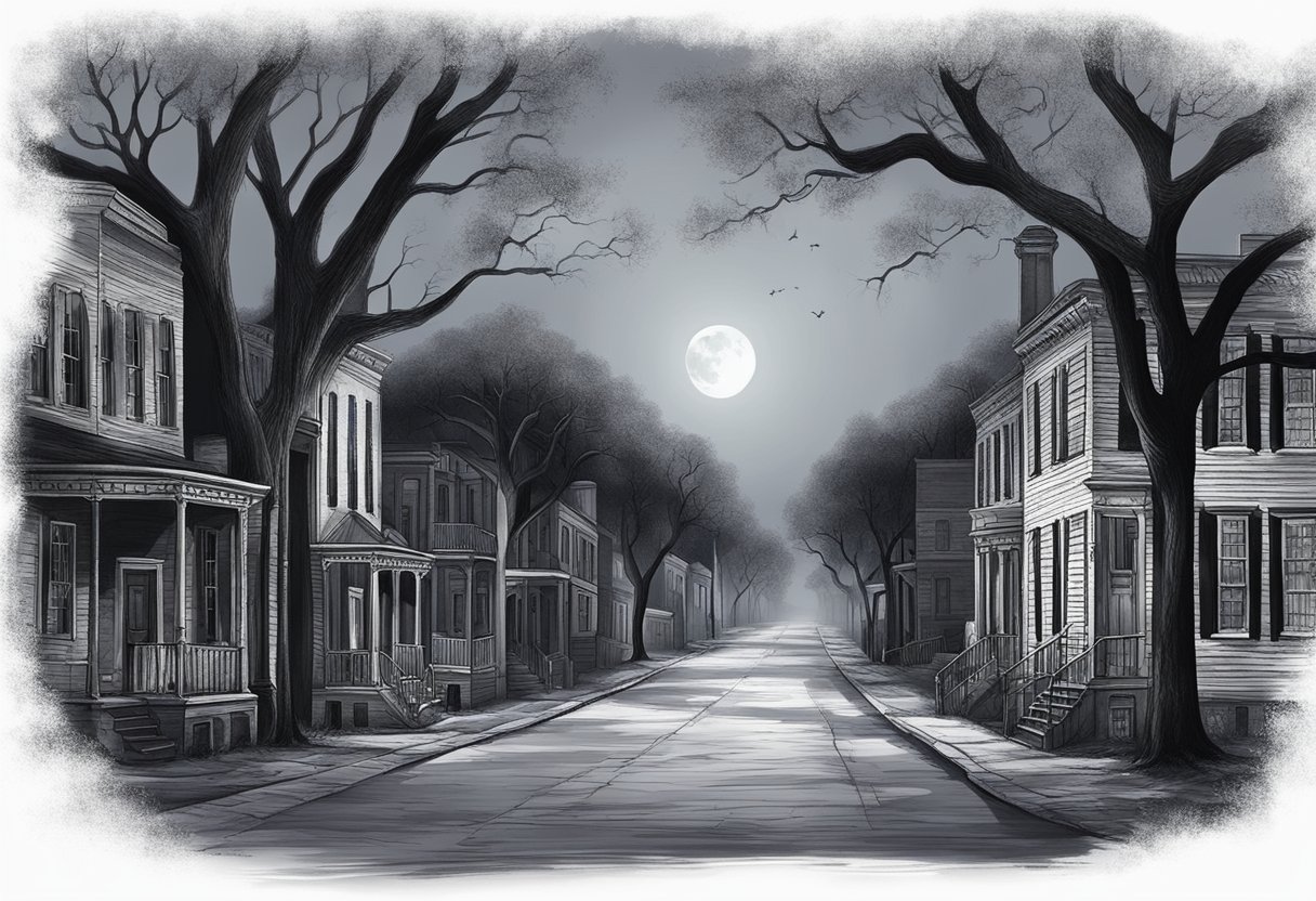 A moonlit street in a small Texas town, with historic buildings and eerie alleyways. Shadows cast by old oak trees create a haunting atmosphere, perfect for ghost tours