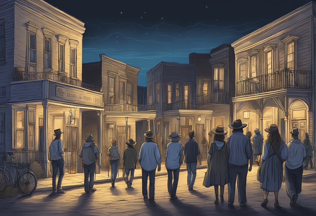 A group of people wander through historic Texas towns at night, listening to local legends and eerie tales on a guided ghost tour
