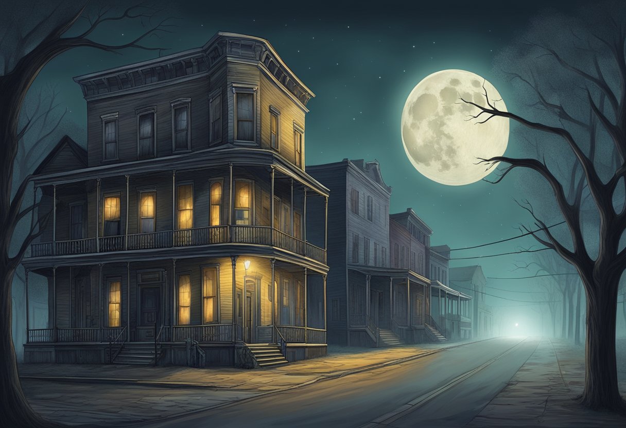 A moonlit Texas town with old, creaky buildings and misty streets. Haunted history lurks in the air, perfect for ghost tours
