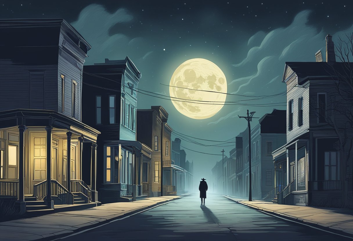 A moonlit street in a small Texas town, with vintage buildings and eerie shadows. A ghostly figure appears in the distance, surrounded by swirling mist